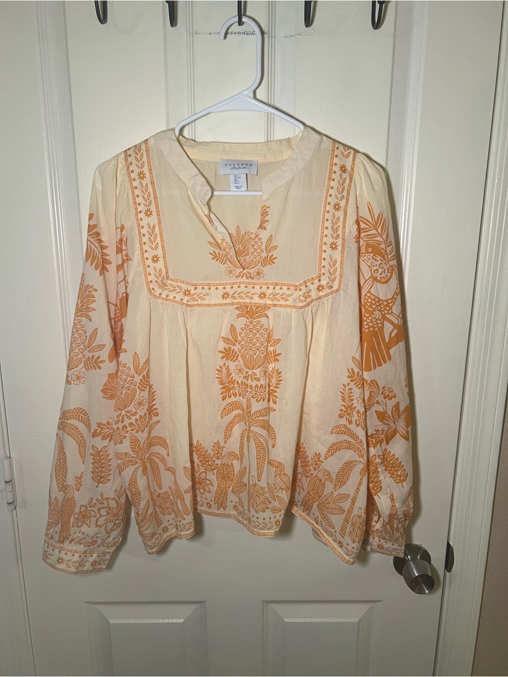 Calypso St. Barth 100% Cotton Tropical Print Peasant Blouse Large Boho - Picture 6 of 8